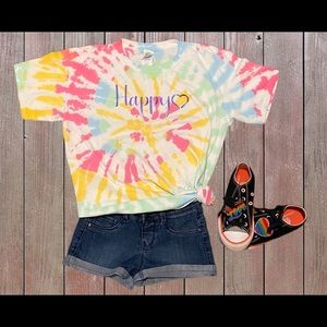 Handmade happy heart holographic tie dye t-shirt